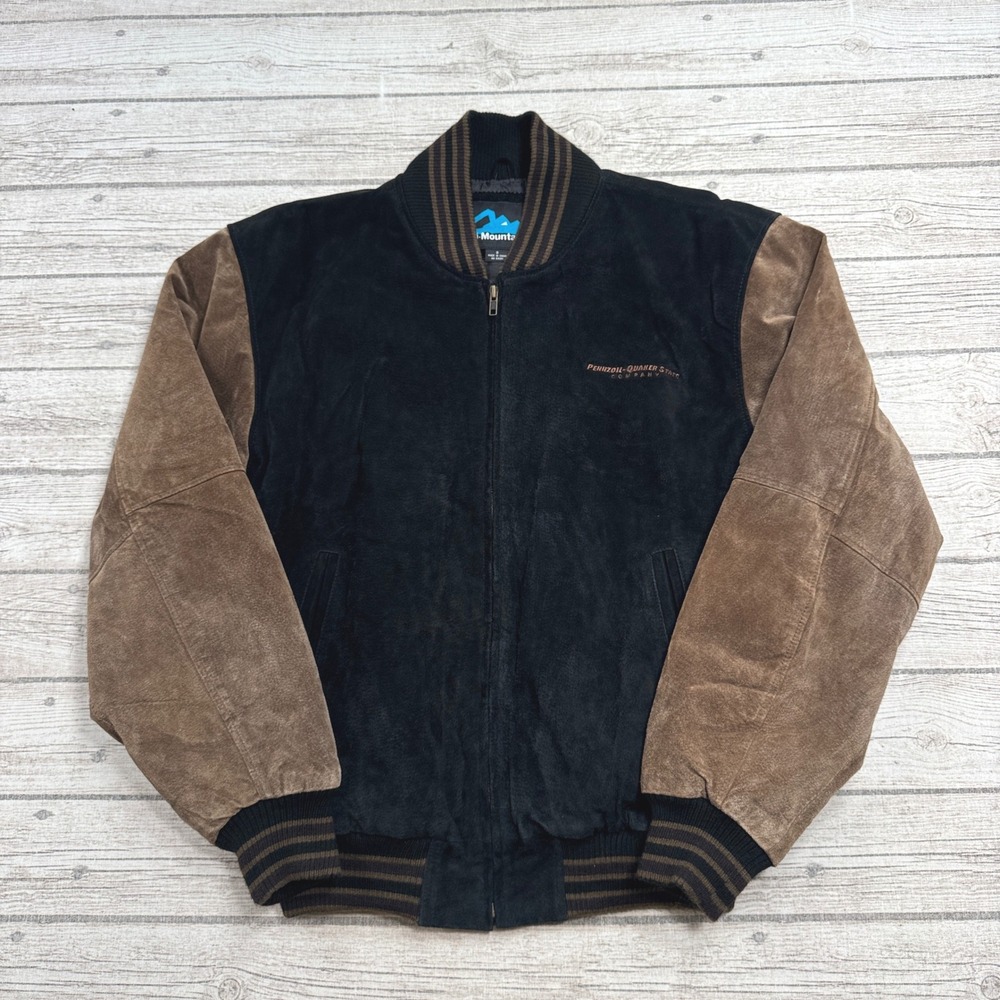 Vintage Tri-Mountain Jacket Mens Small Black Brown Bomber Pennzoil Quaker State